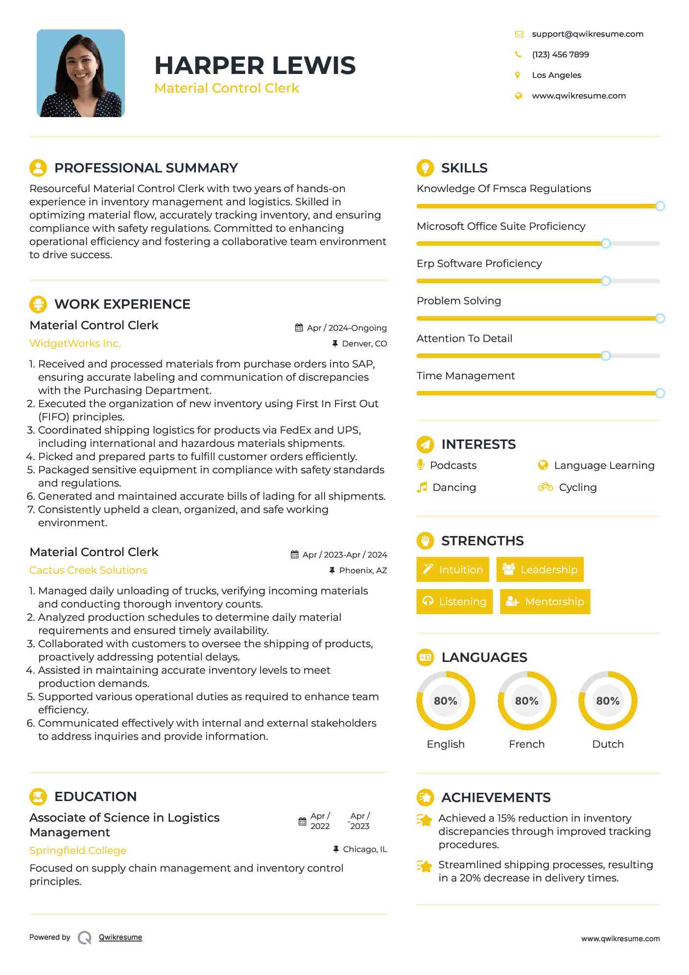 Material Control Clerk Resume Format