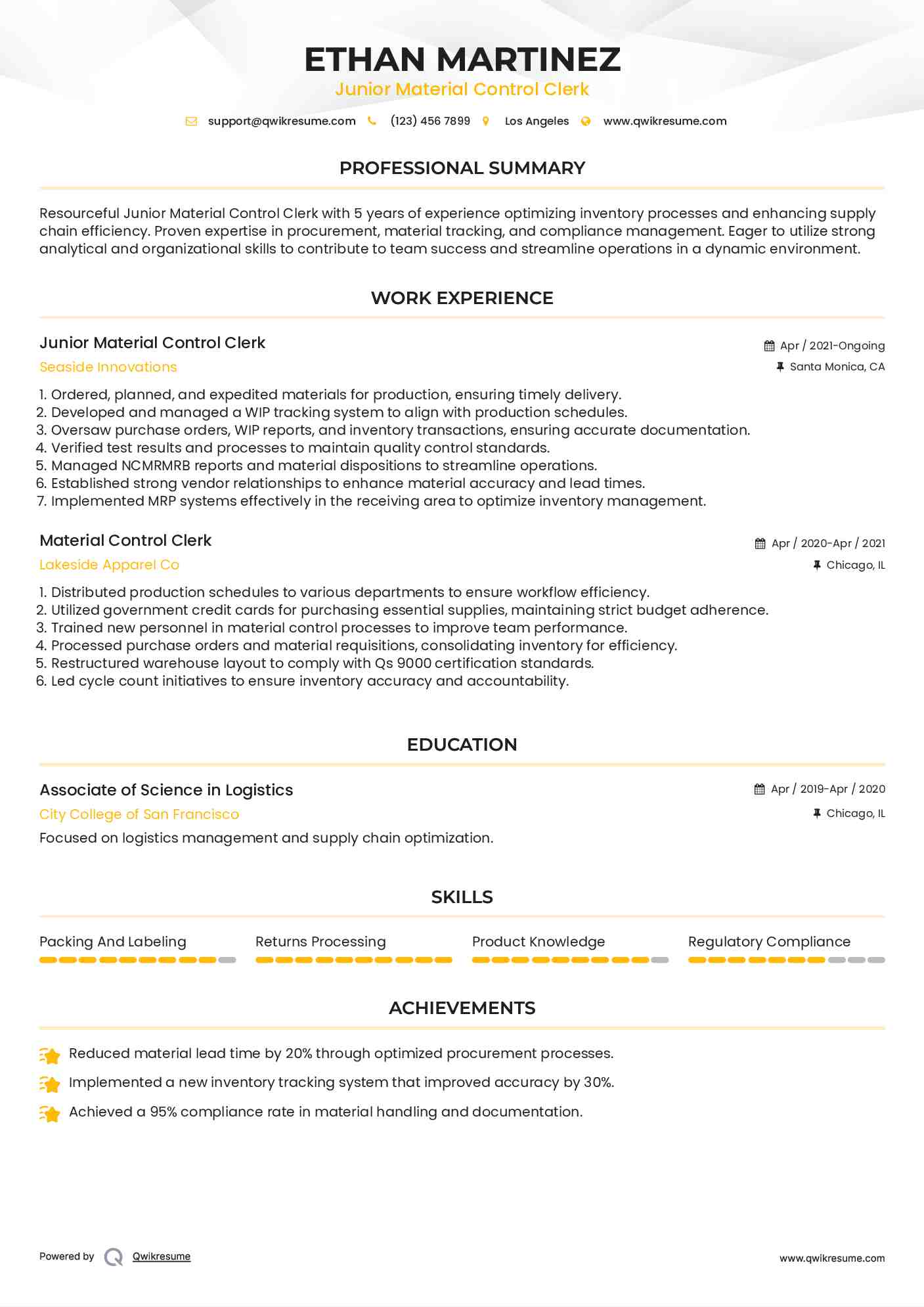 Junior Material Control Clerk Resume Sample