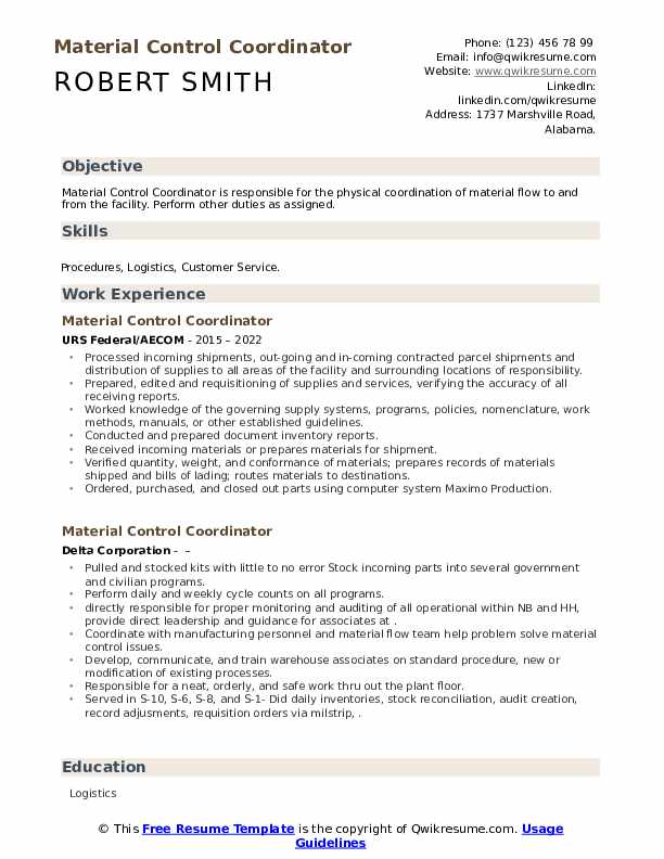 Material Control Coordinator Resume Samples QwikResume
