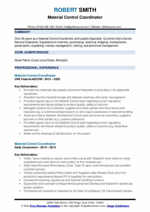Material Control Coordinator Resume Samples QwikResume