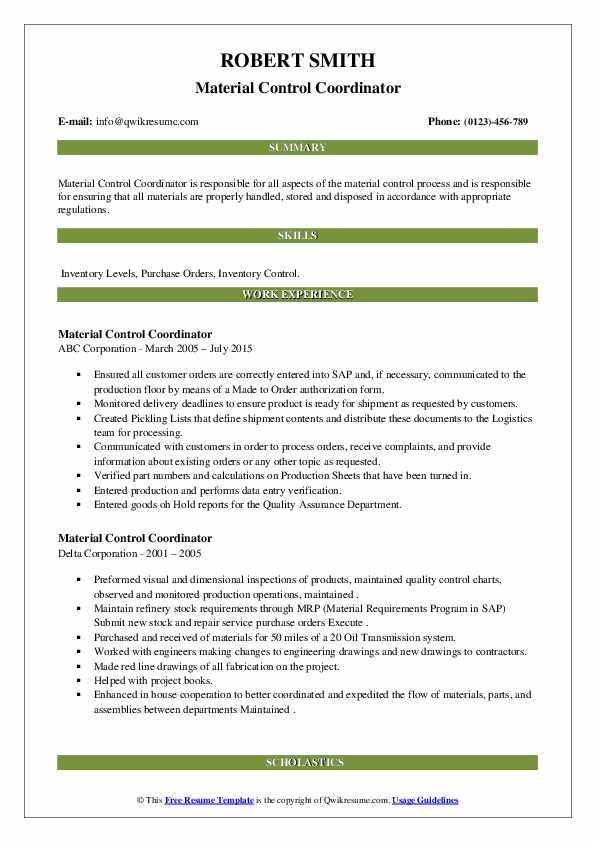 Material Control Coordinator Resume Samples QwikResume