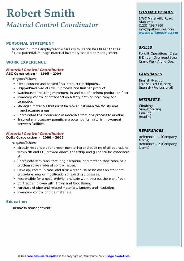 Material Control Coordinator Resume Samples QwikResume