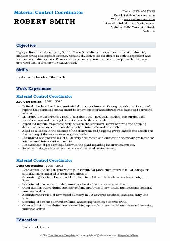 Material Control Coordinator Resume Samples QwikResume