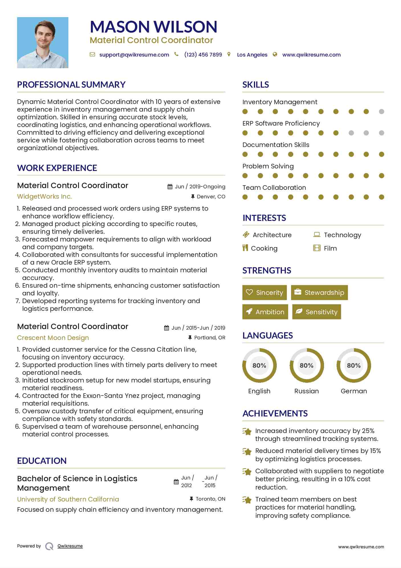 Material Control Coordinator Resume Samples QwikResume