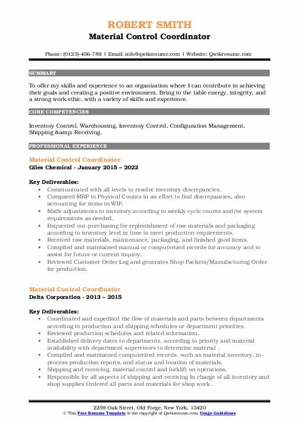 Material Control Coordinator Resume Samples QwikResume
