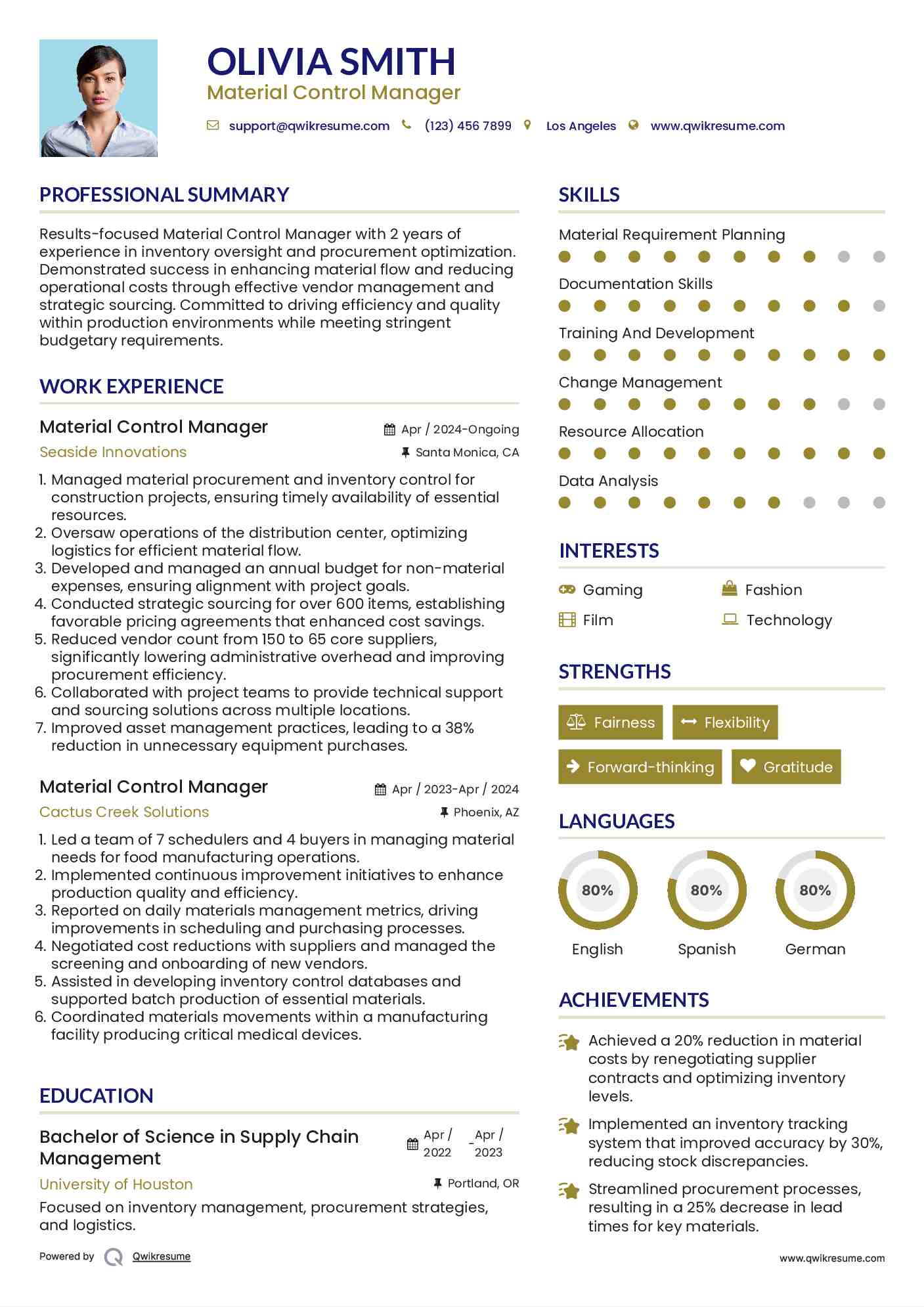 Material Control Manager Resume Template