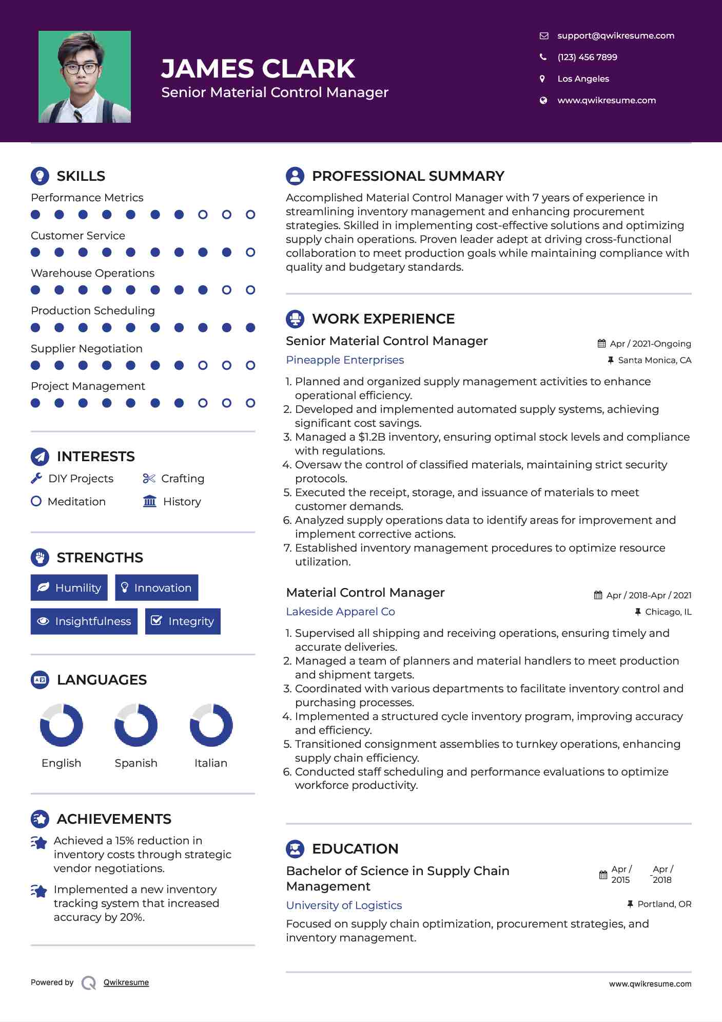 Material Control Manager Resume Samples QwikResume