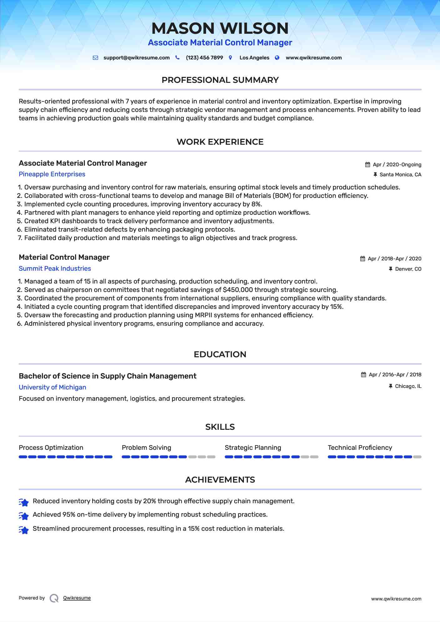 Material Control Manager Resume Samples QwikResume