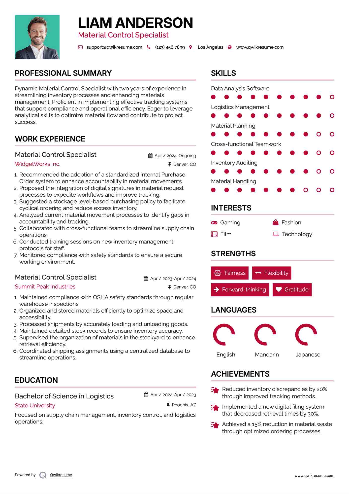 Material Control Specialist Resume Template