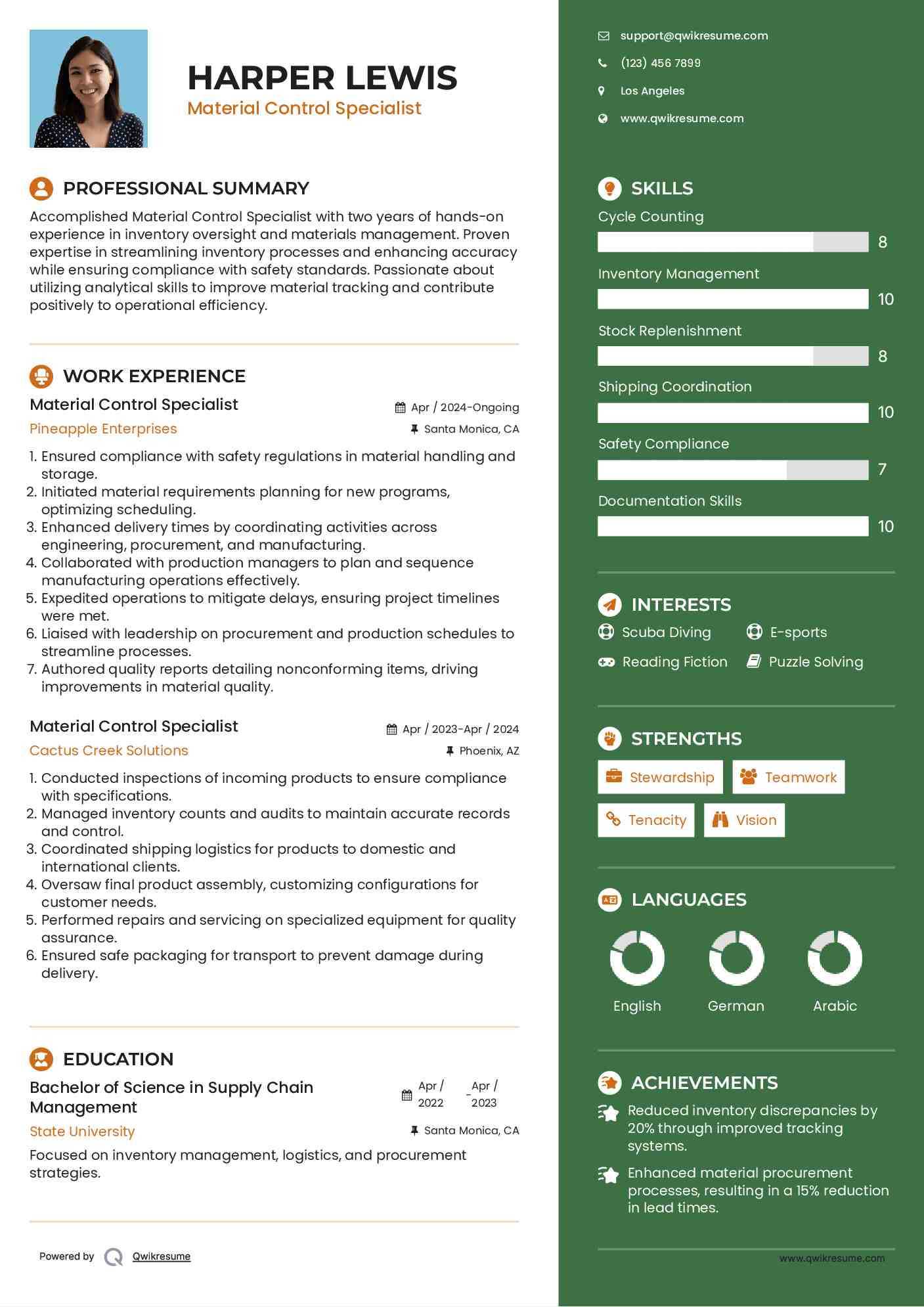 Material Control Specialist Resume Example