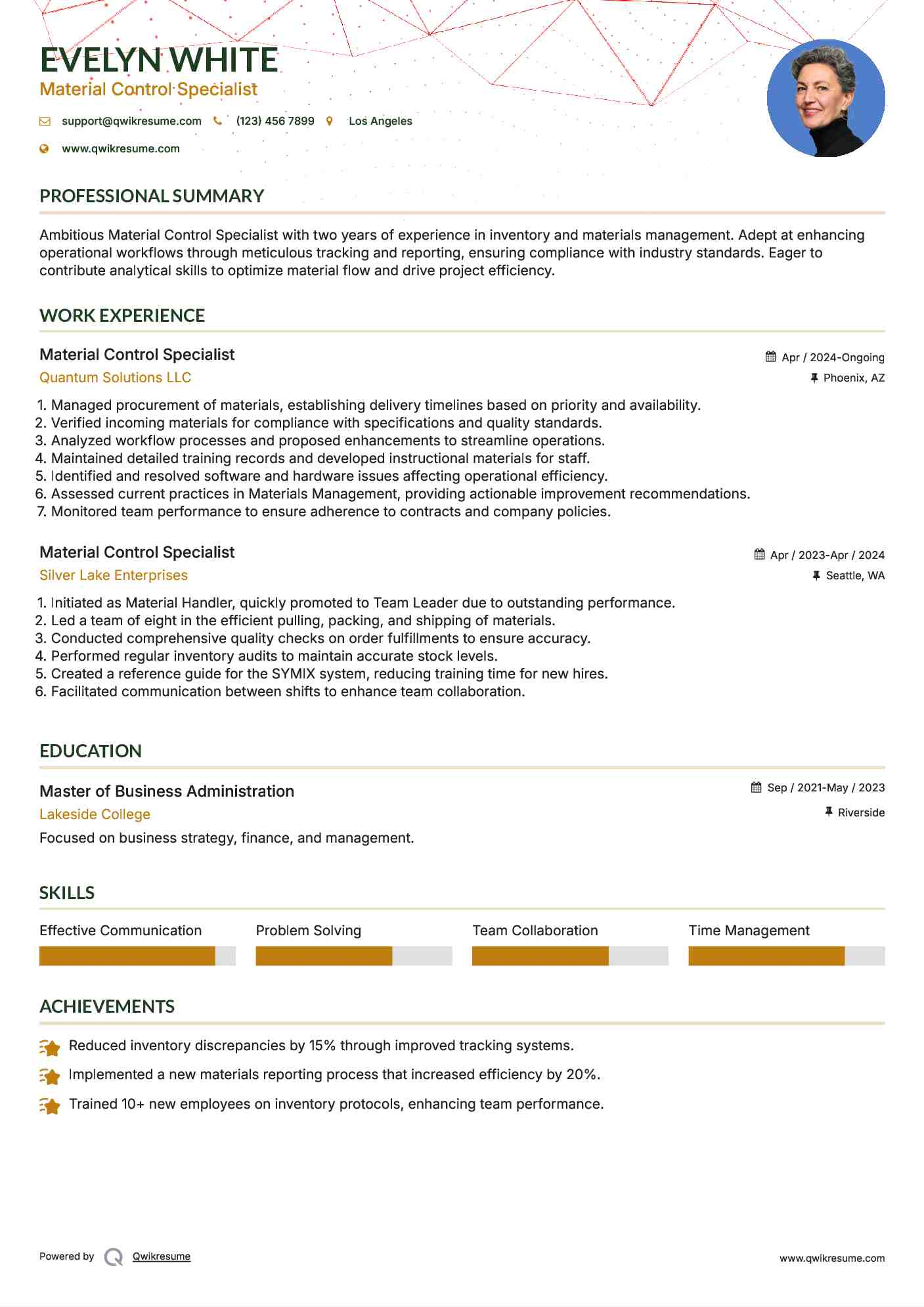 Material Control Specialist Resume Example