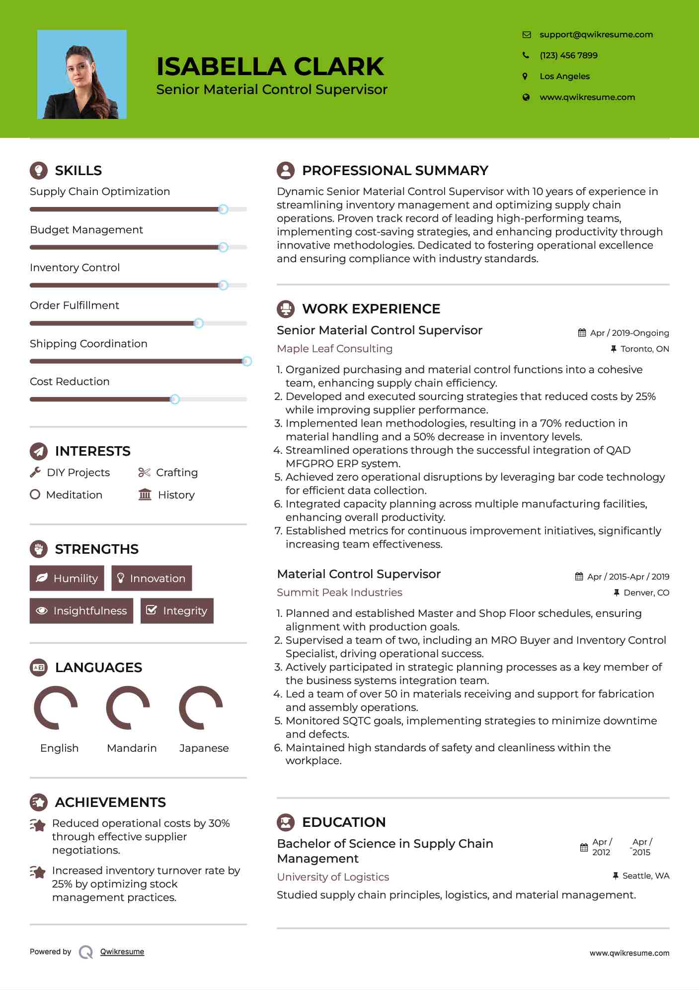Senior Material Control Supervisor Resume Model