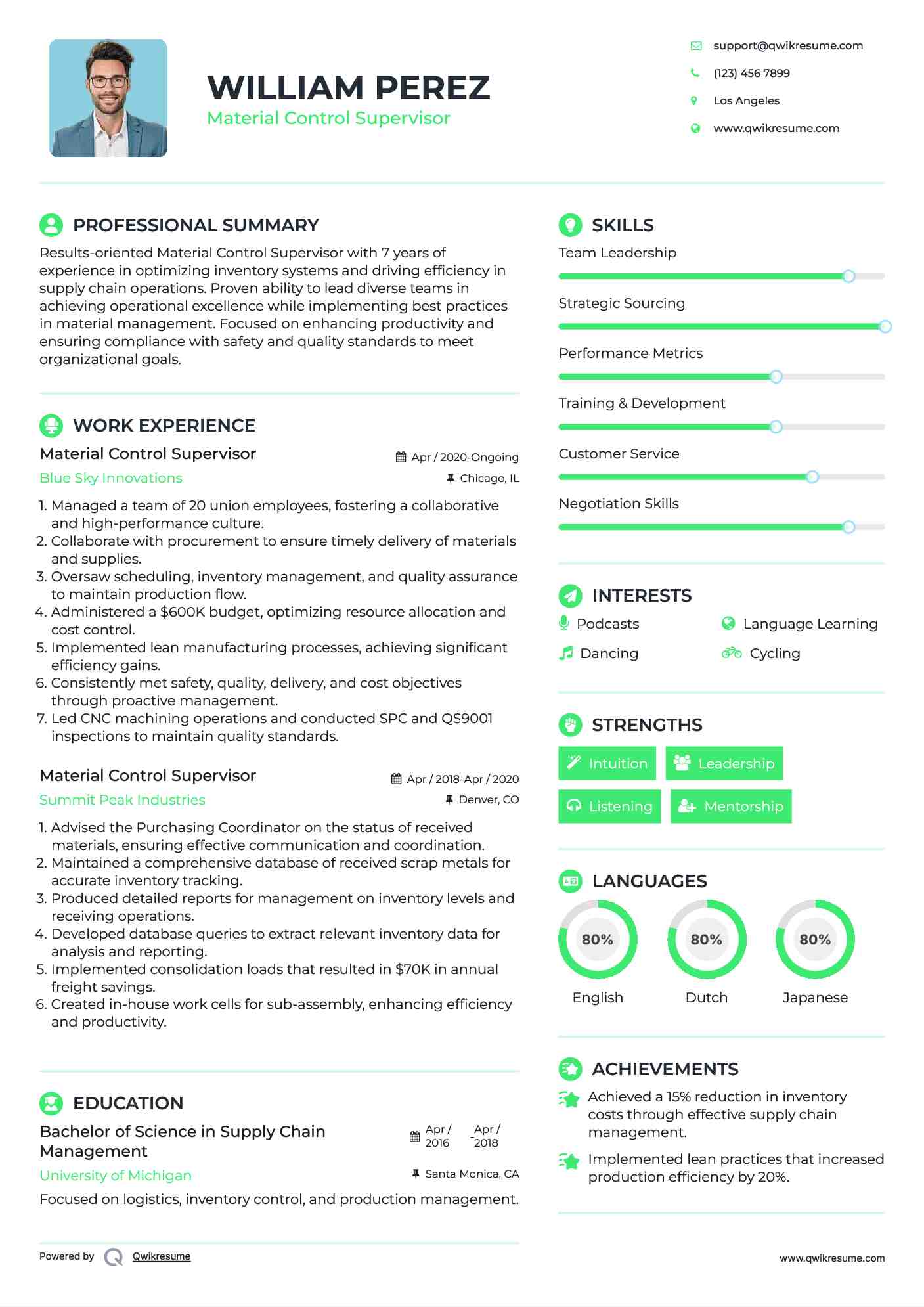 Material Control Supervisor Resume Format