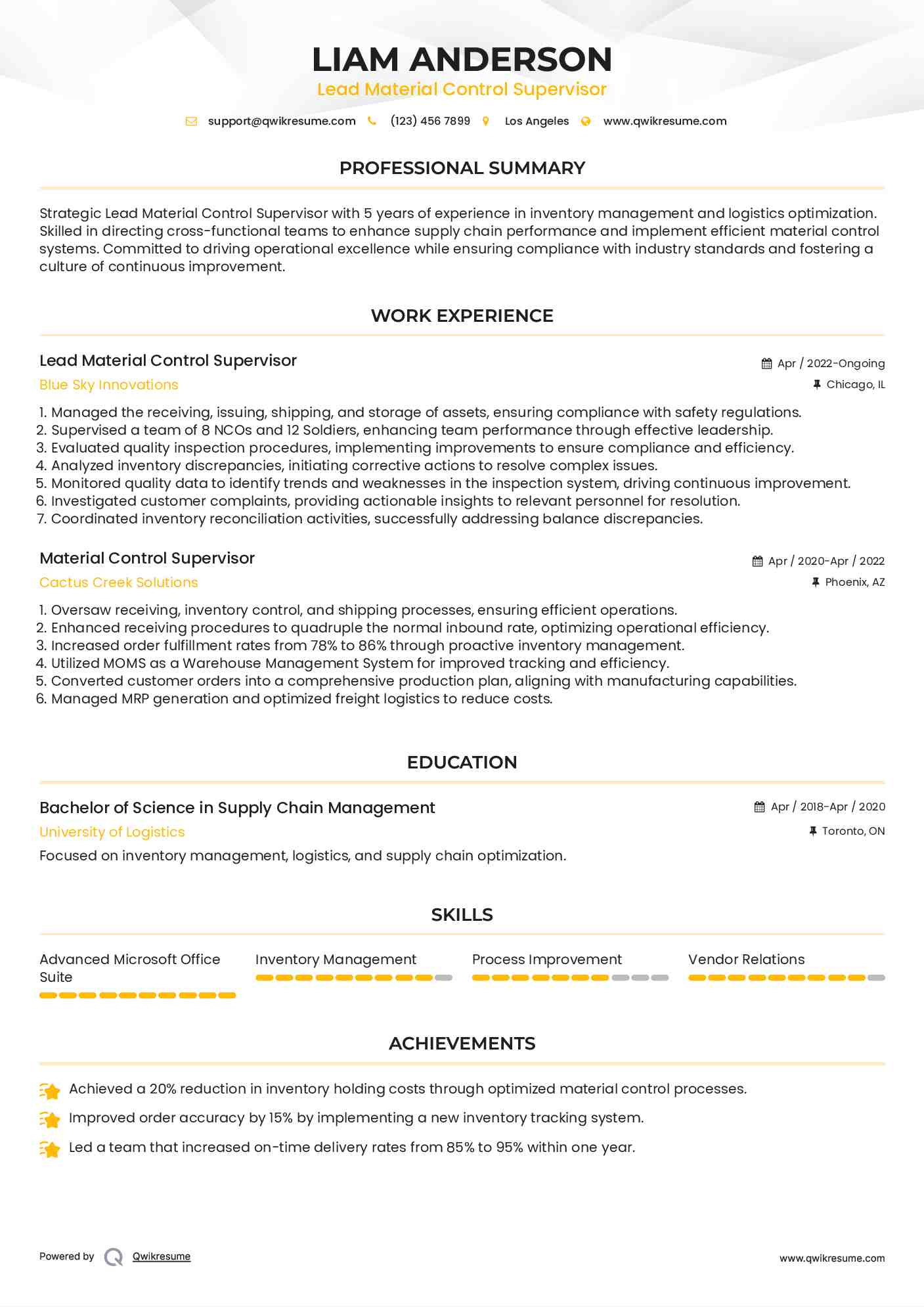 Lead Material Control Supervisor Resume Template