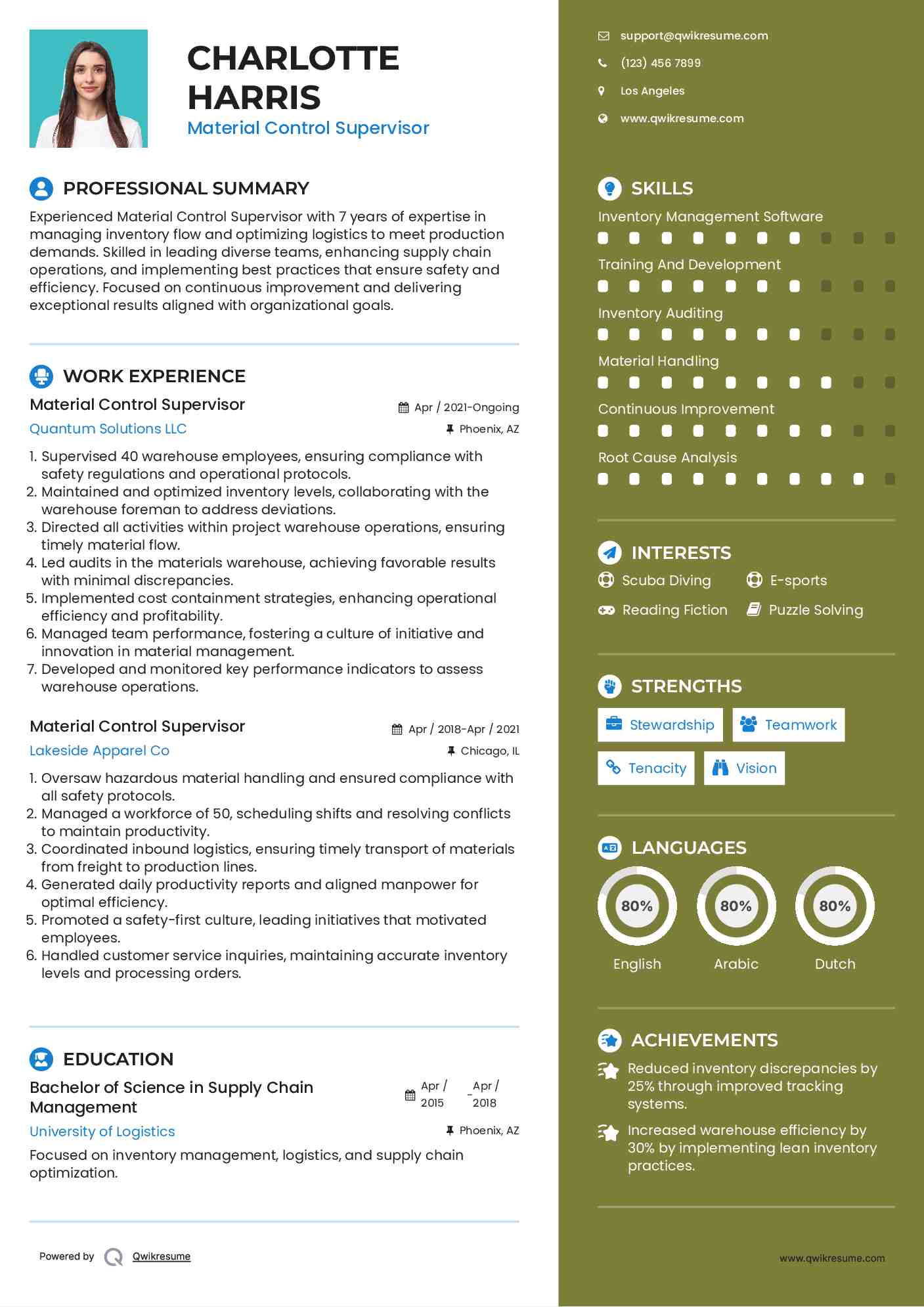 Material Control Supervisor Resume Example