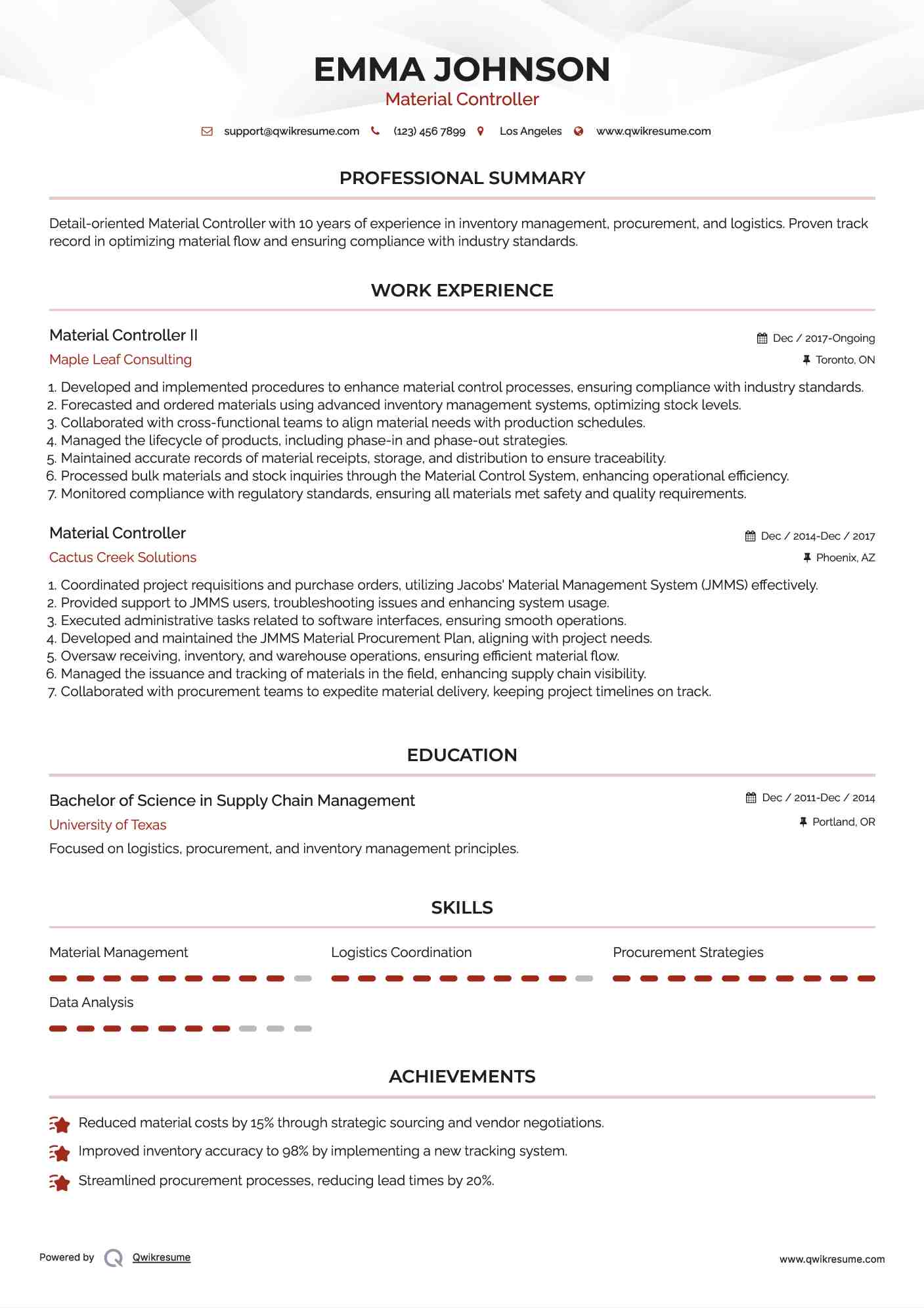 Material Controller II Resume Example