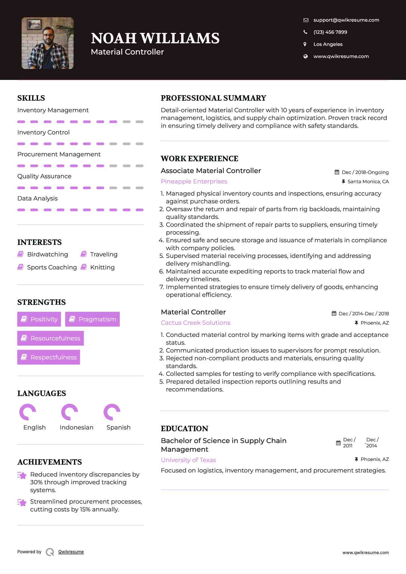 Associate Material Controller Resume Sample