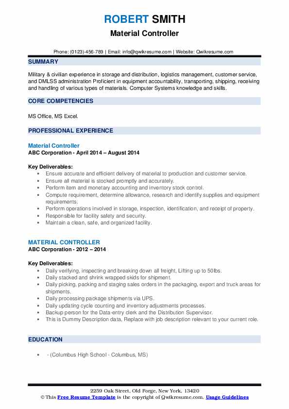 Material Controller Resume Samples QwikResume