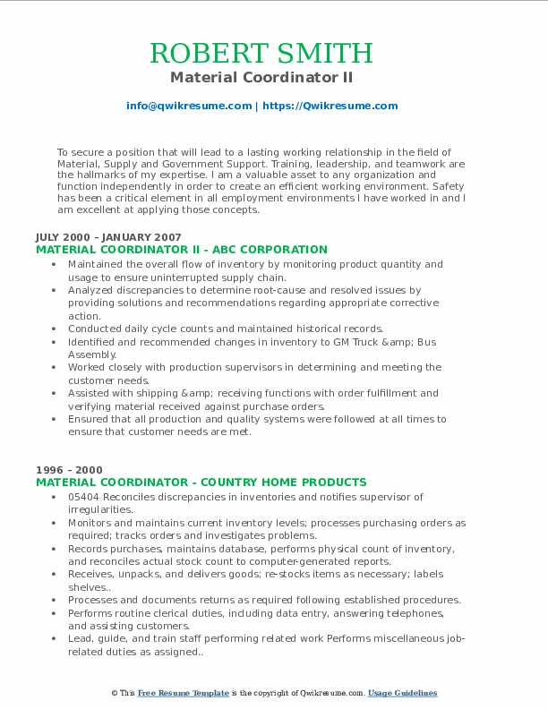 Material Coordinator Resume Samples QwikResume