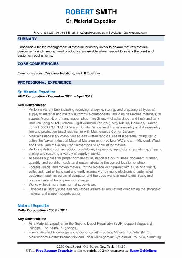 Material Expediter Resume Samples QwikResume