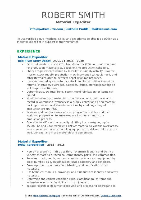 Material Expediter Resume Samples QwikResume