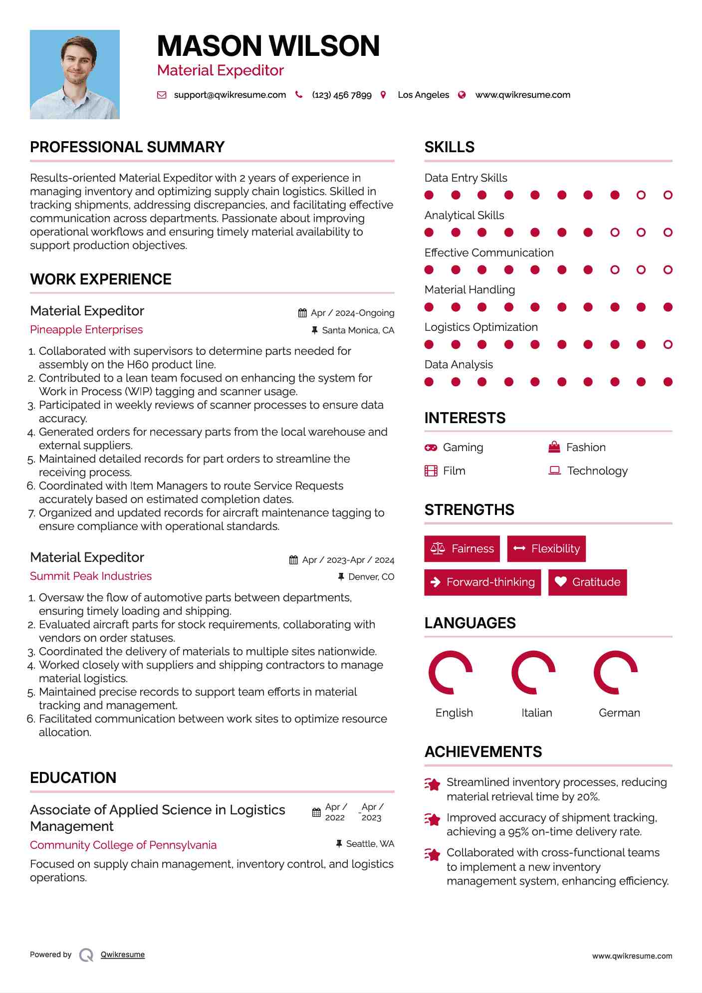 Material Expeditor Resume Format