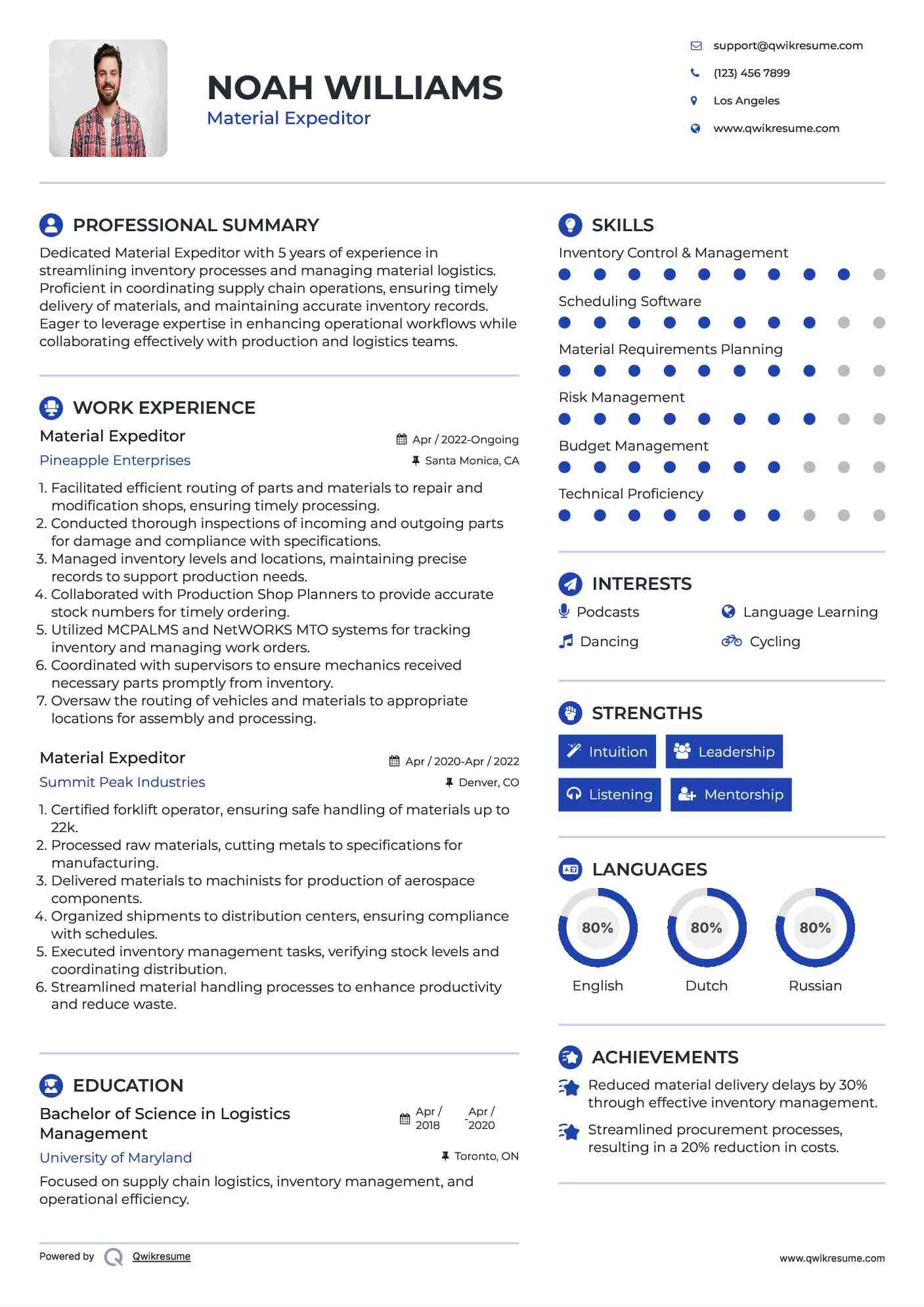 Expeditor Resume Sample