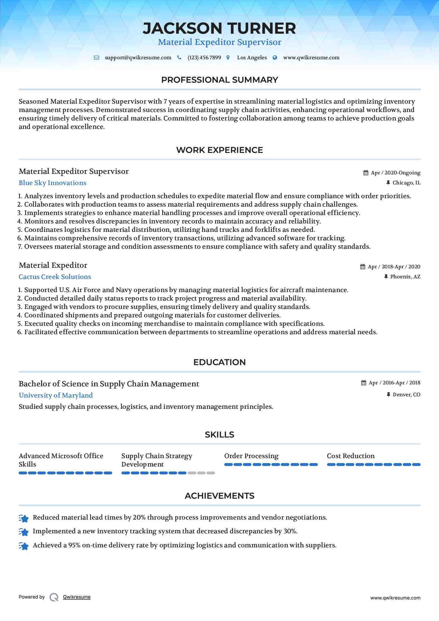 Material Expeditor Supervisor Resume Sample