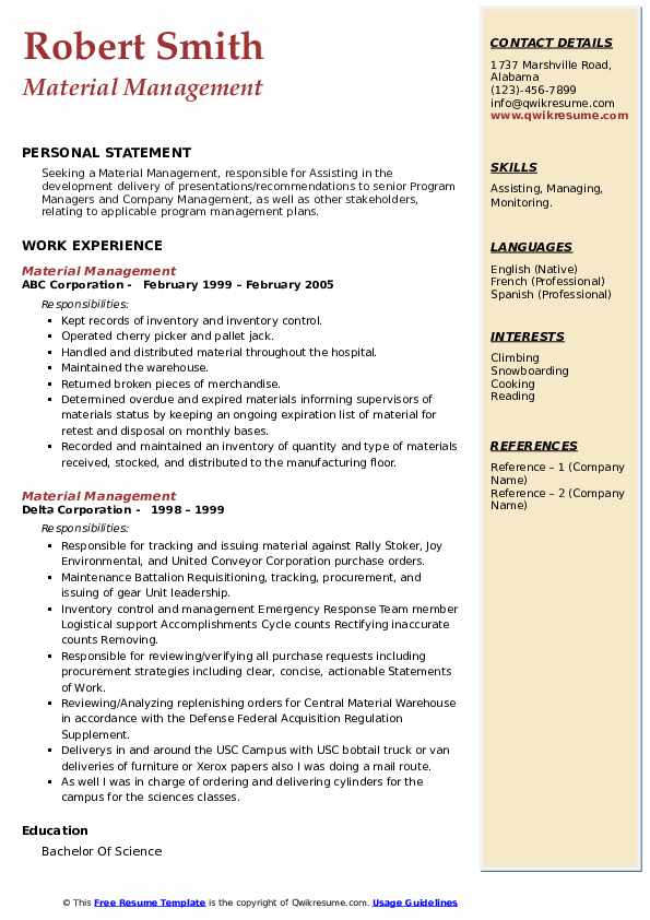 Material Management Resume Samples QwikResume