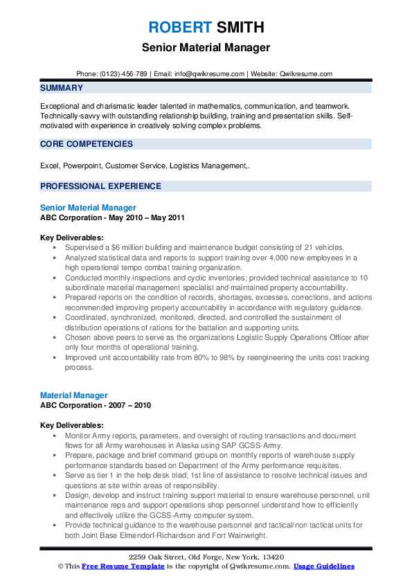 Material Manager Resume Samples QwikResume