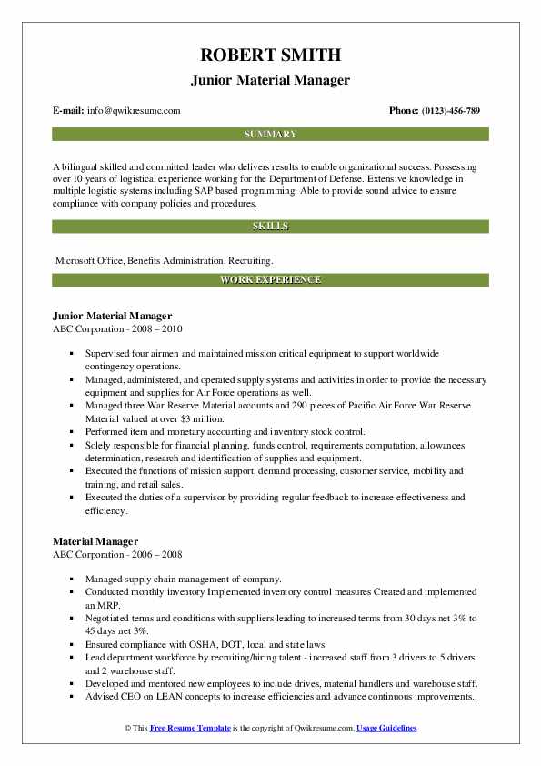 Material Manager Resume Samples QwikResume
