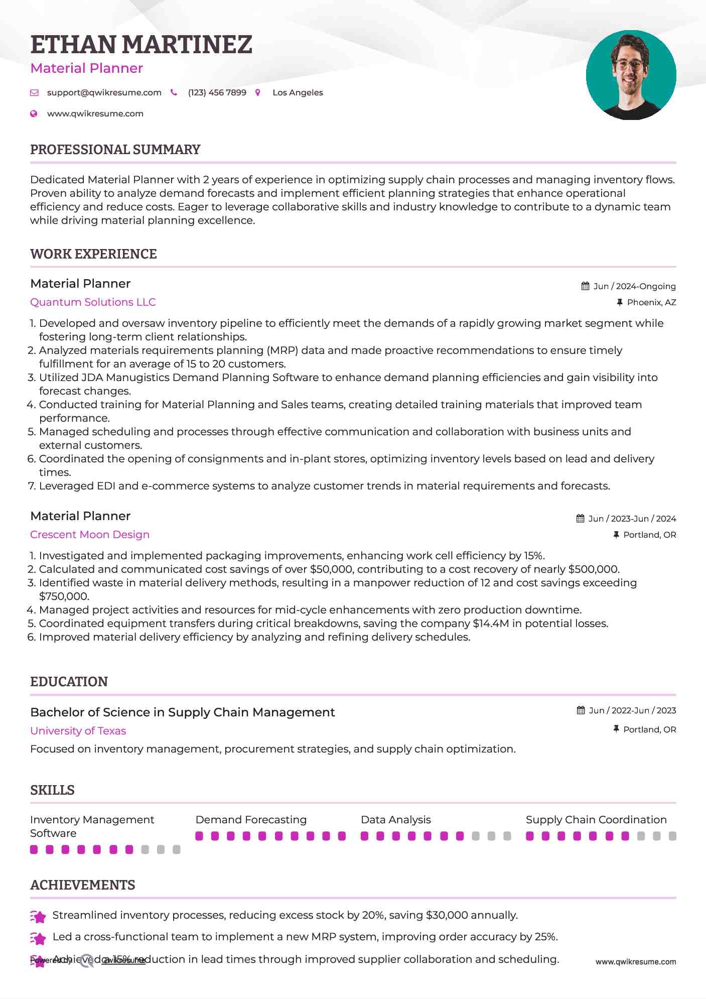 Material Planner Resume Format