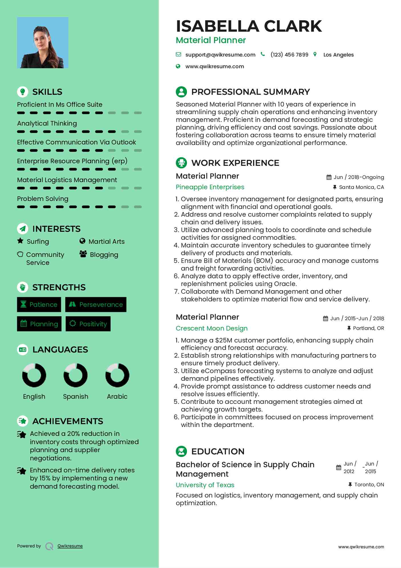 Material Planner Resume Sample