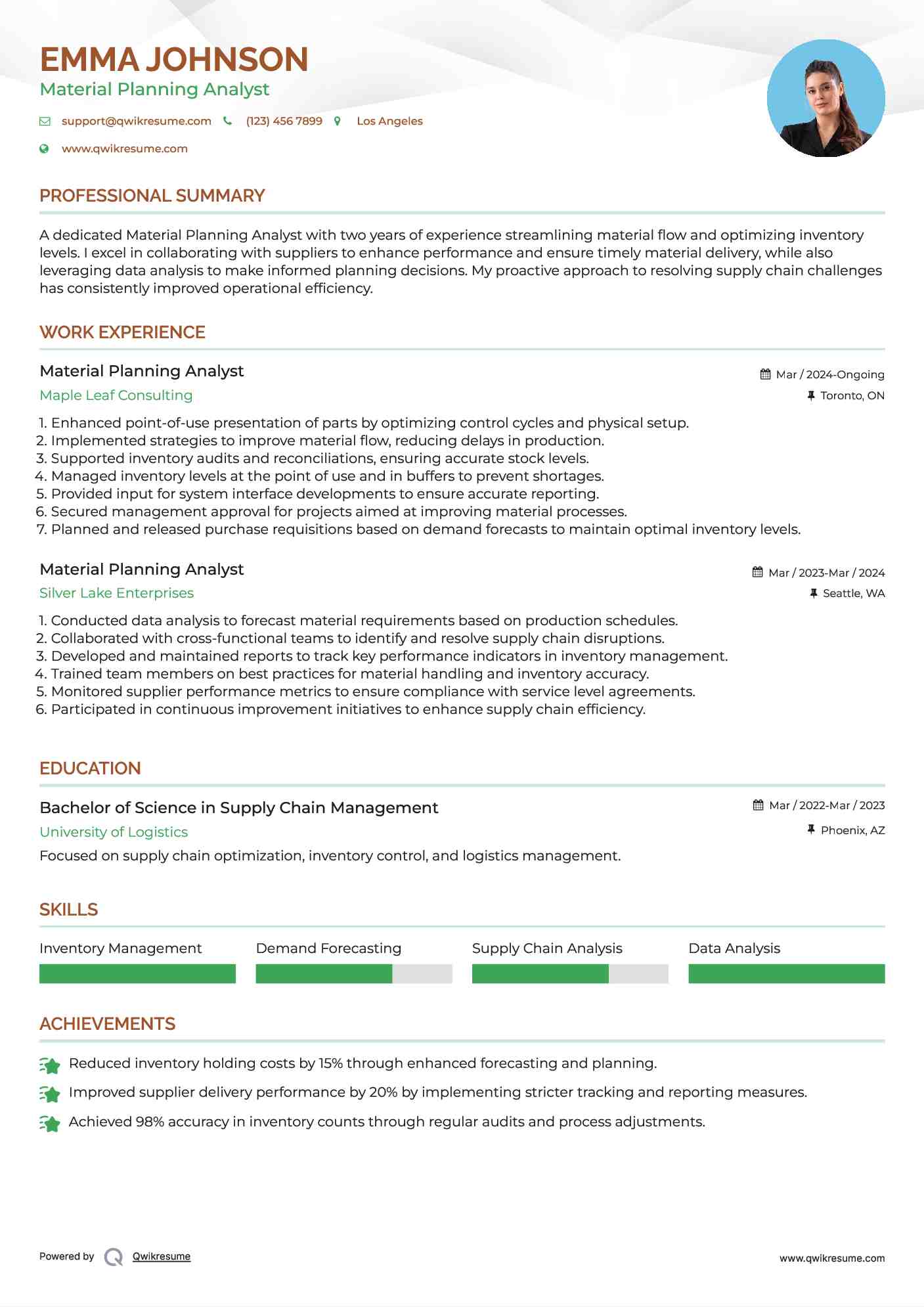 Material Planning Analyst Resume Sample