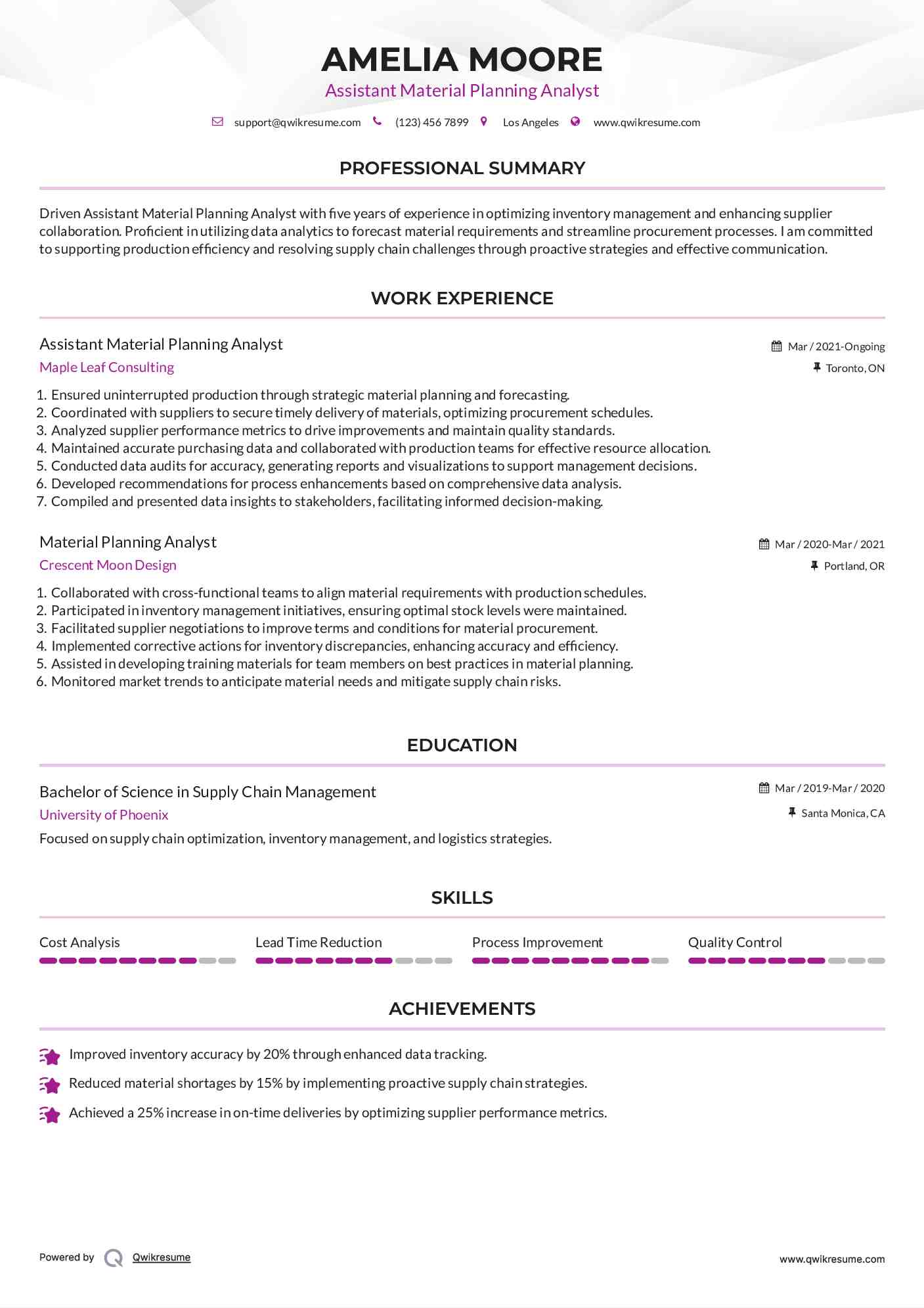 Assistant Material Planning Analyst Resume Format