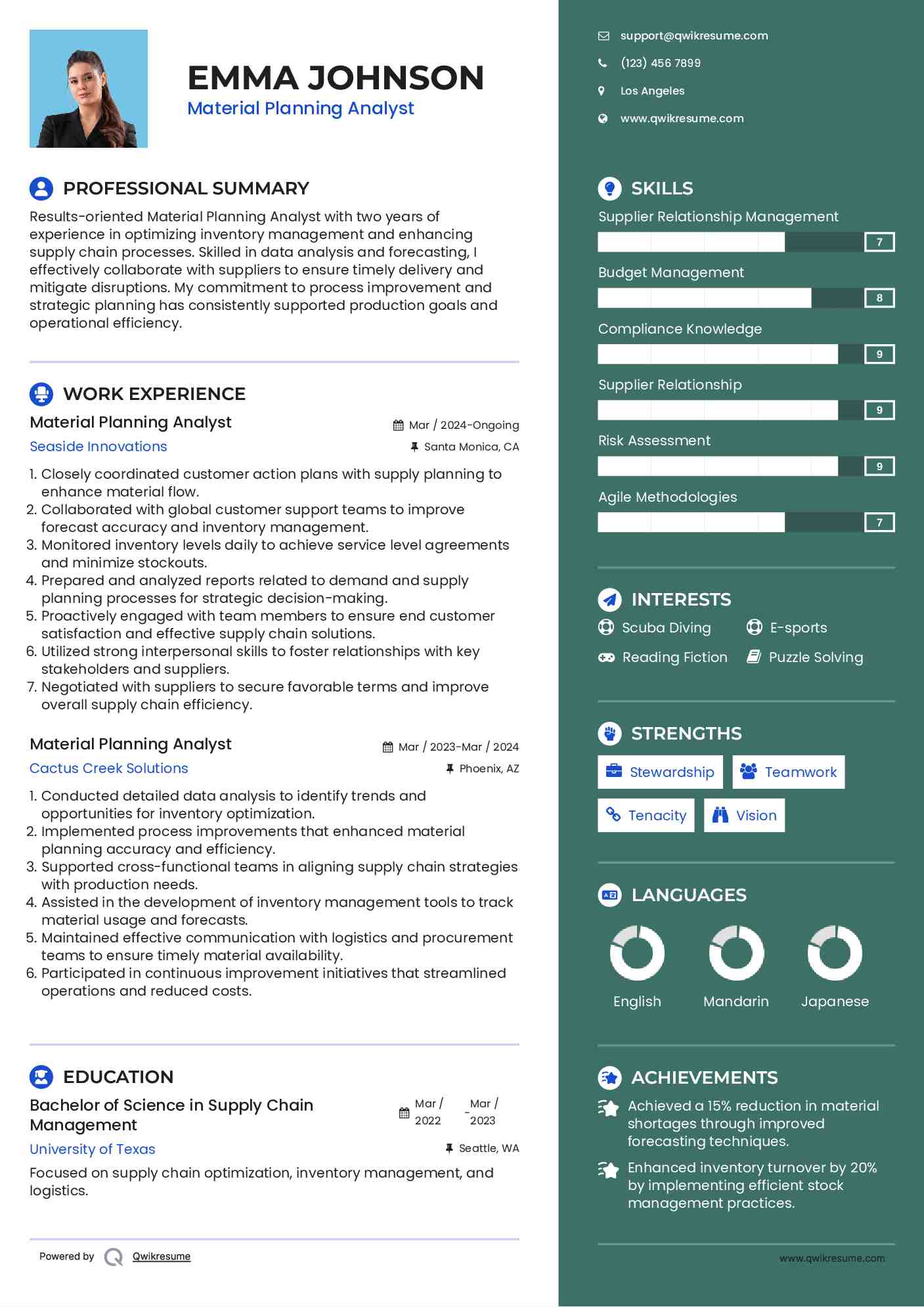 Material Planning Analyst Resume Format