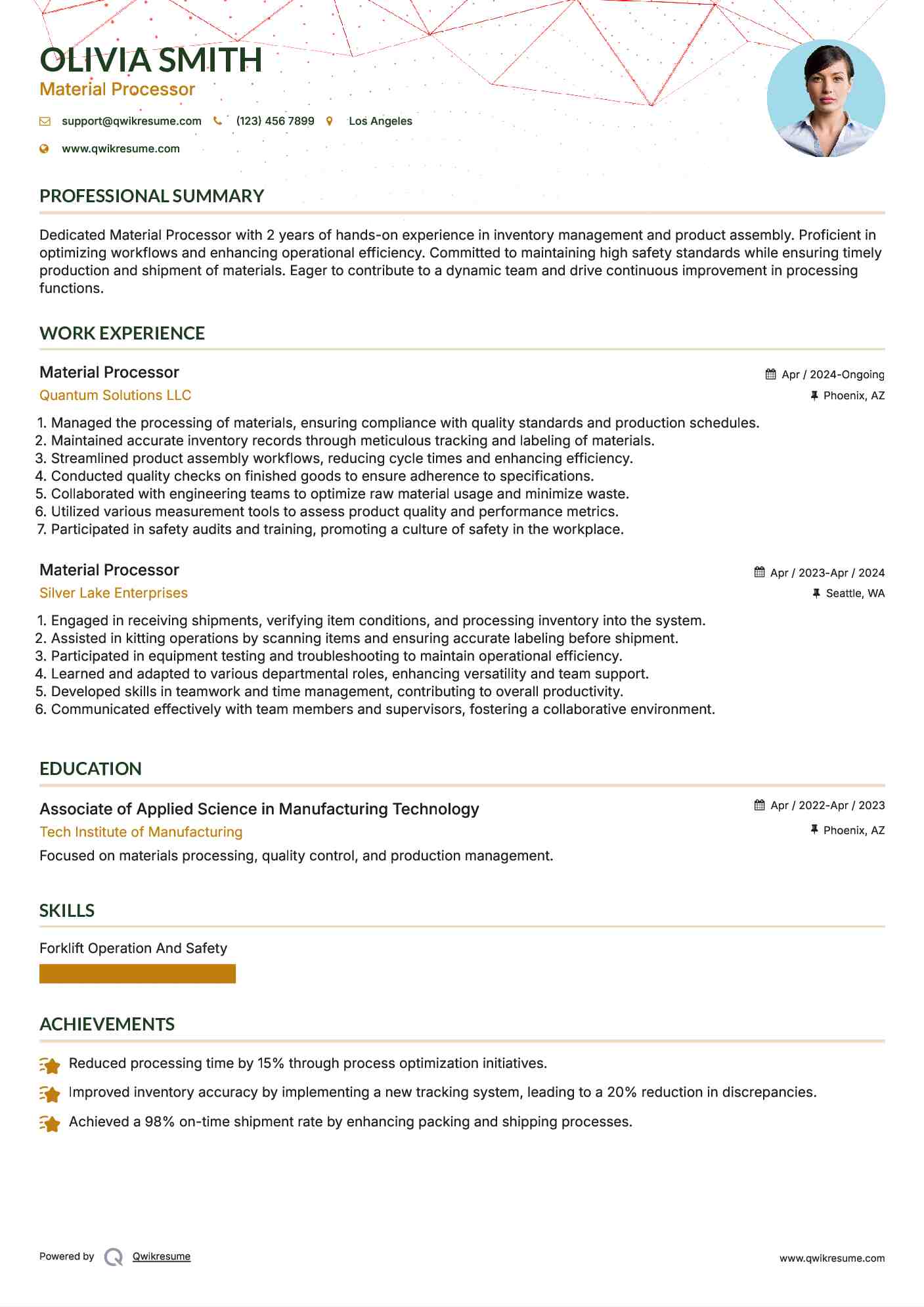 Material Processor Resume Template