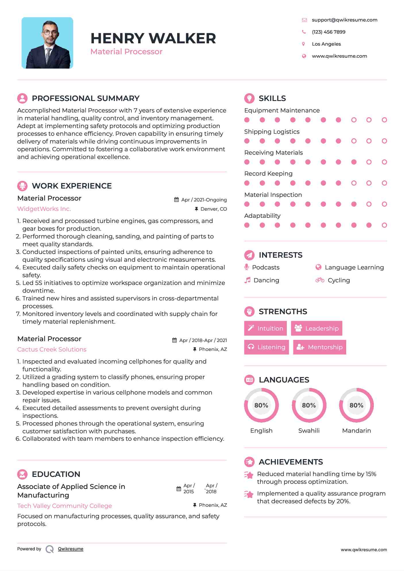 Material Processor Resume Samples QwikResume