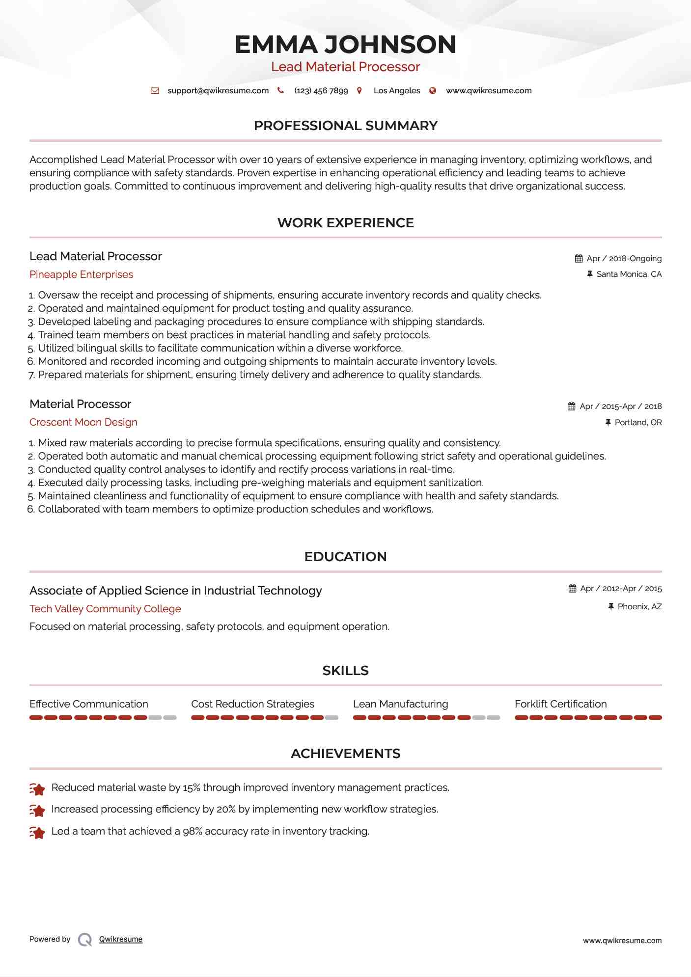 Material Processor Resume Samples QwikResume