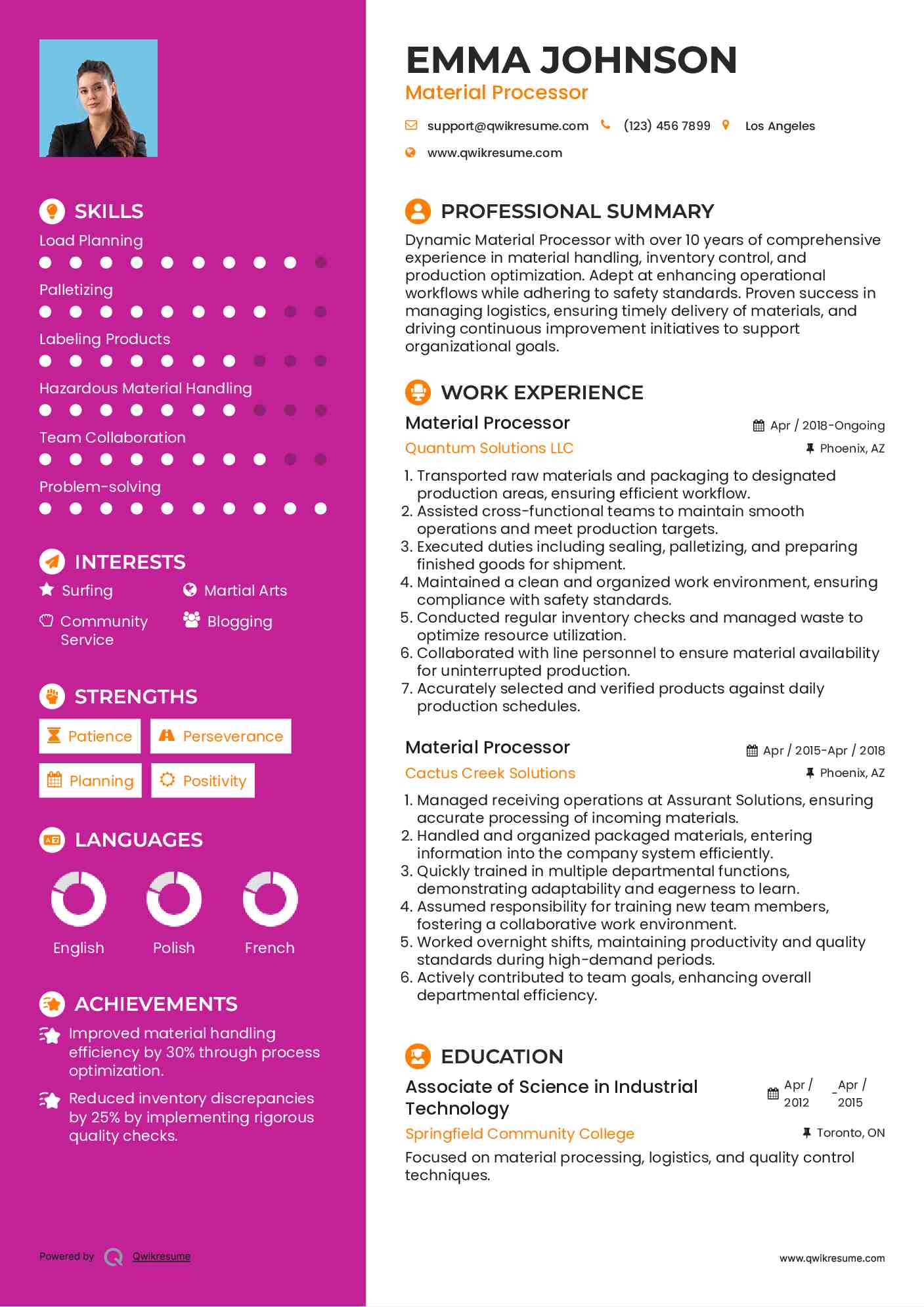 Material Processor Resume Samples QwikResume