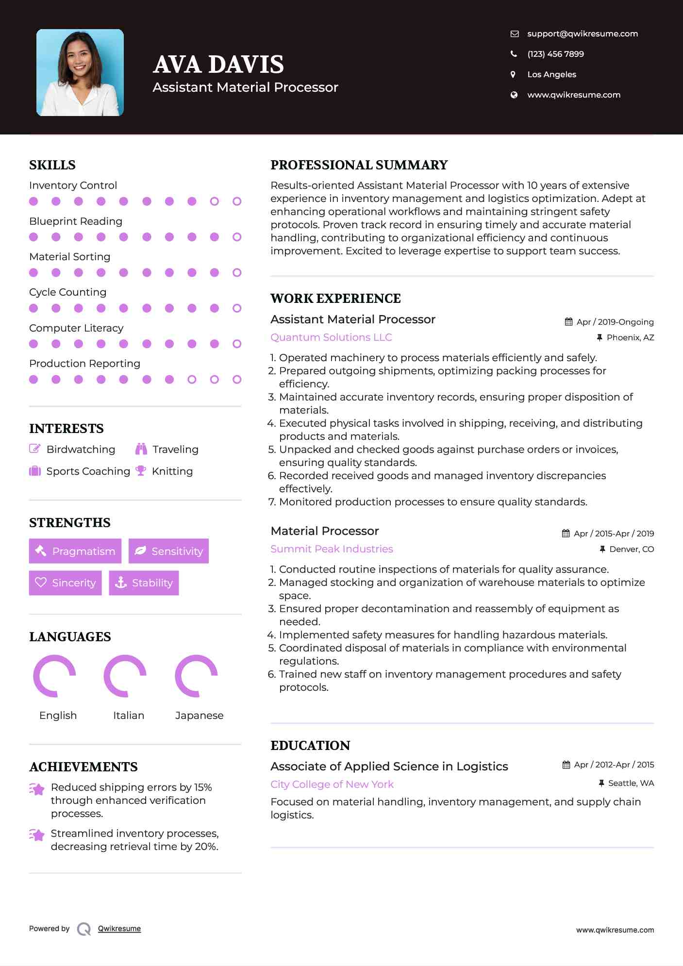 Material Processor Resume Samples QwikResume