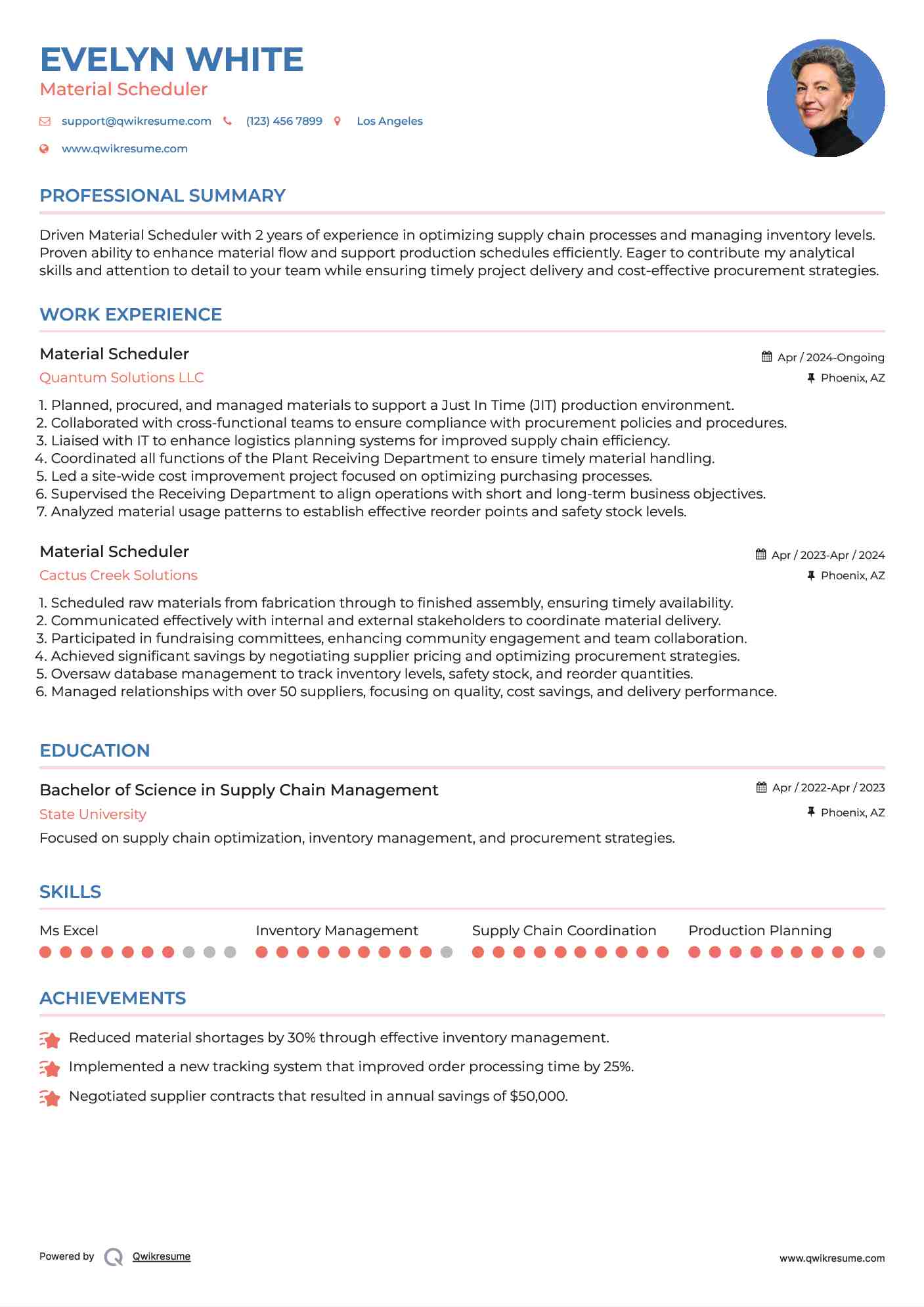 Material Scheduler Resume Model
