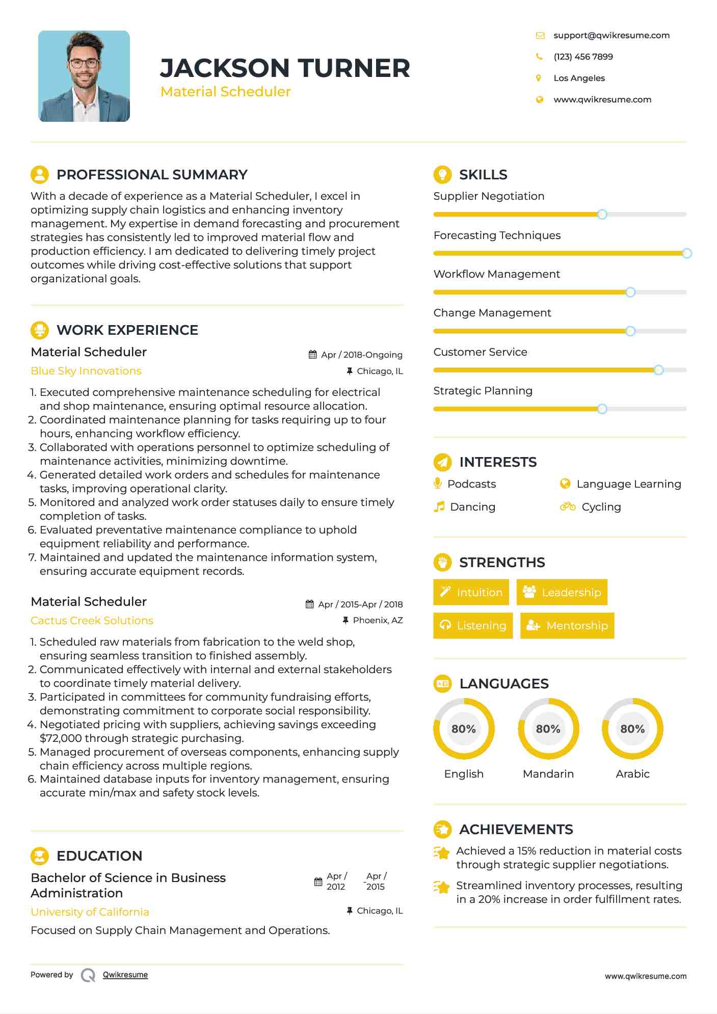 Material Scheduler Resume Format