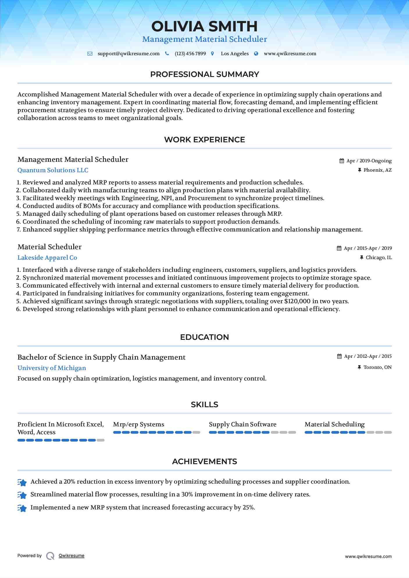 Management Material Scheduler Resume Sample
