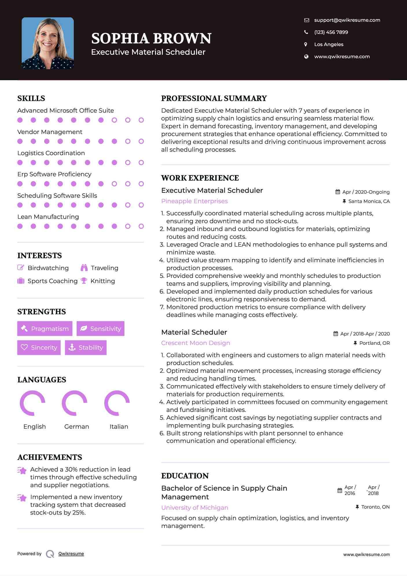 Executive Material Scheduler Resume Format
