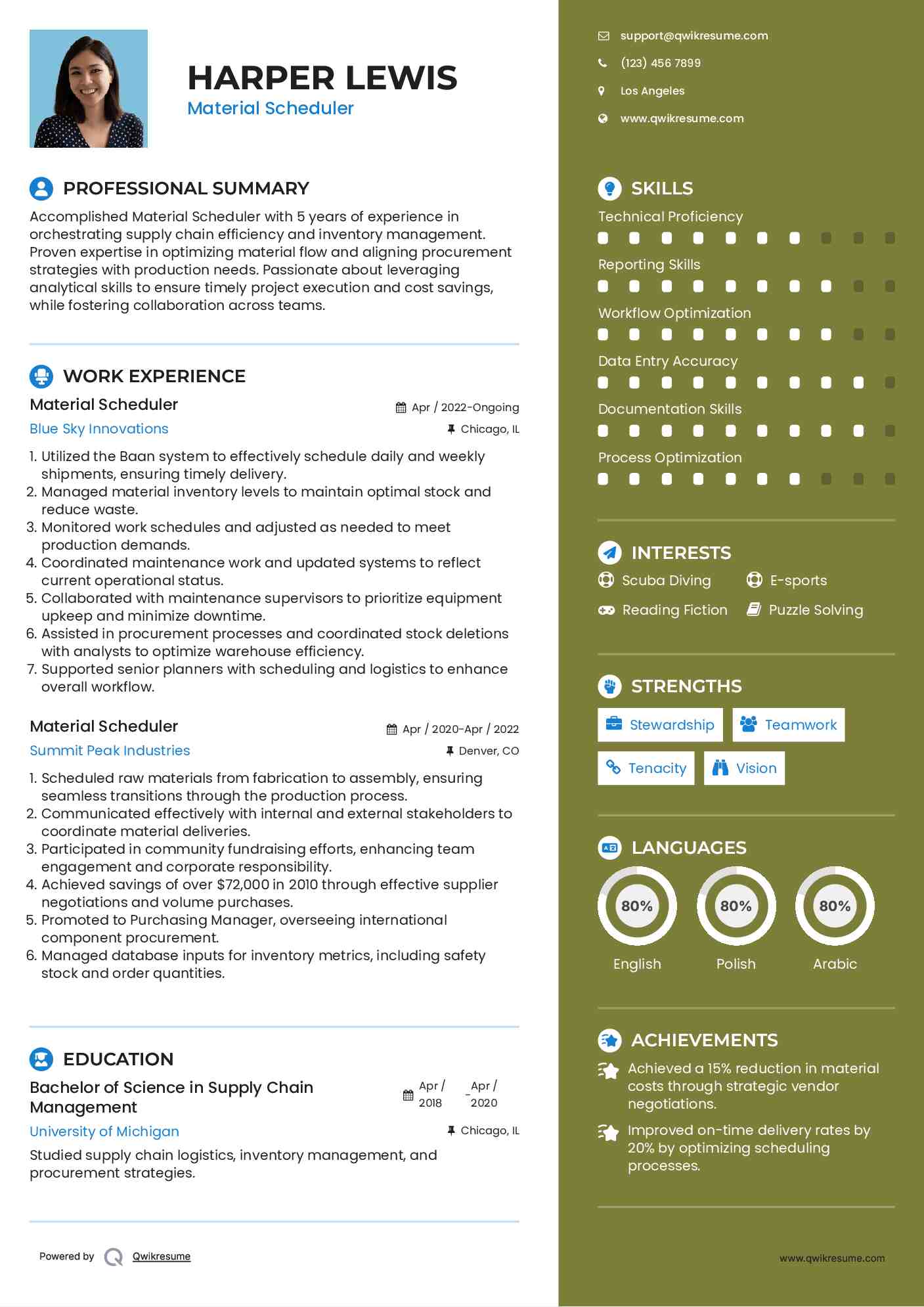 Material Scheduler Resume Example