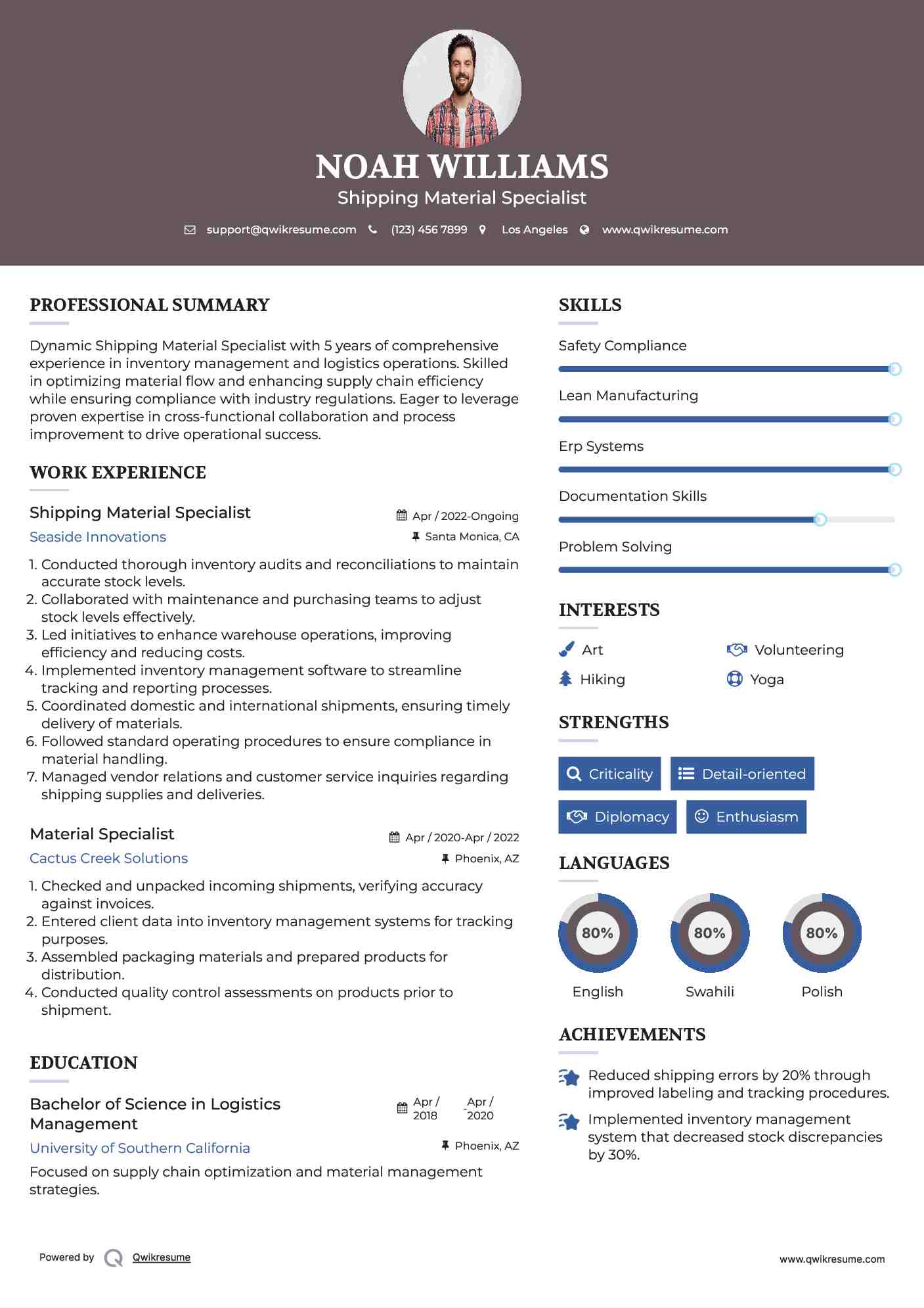 Shipping Material Specialist
 Resume Template