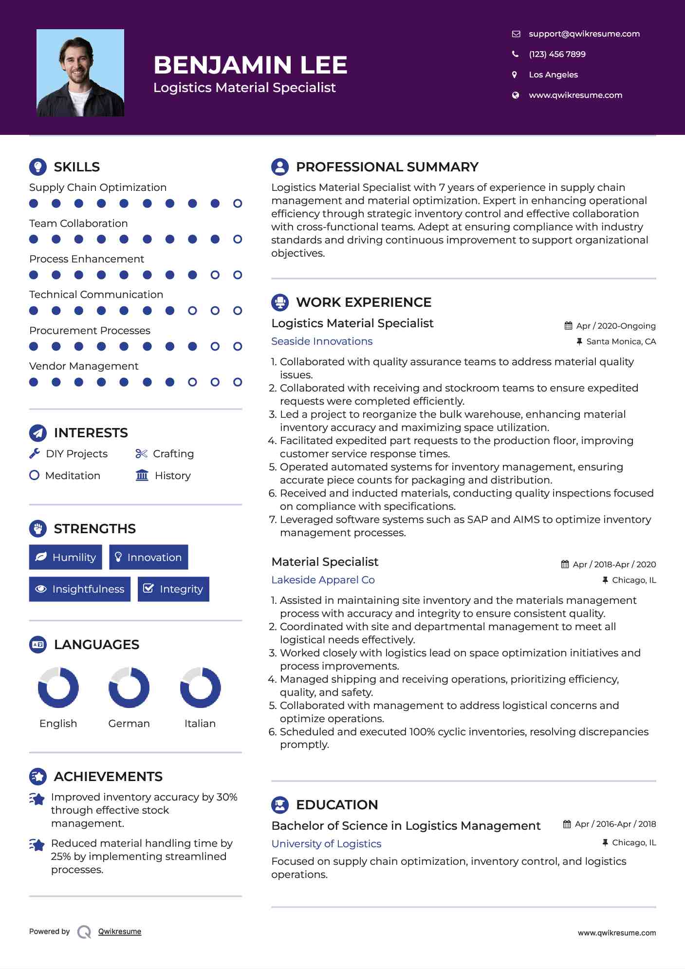 Logistics Material Specialist Resume Template