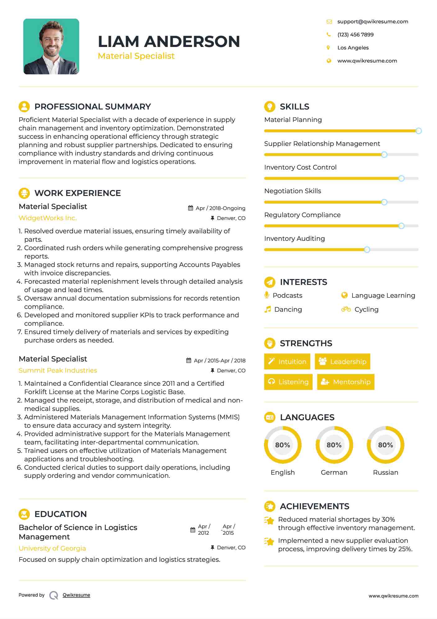Material Specialist Resume Template