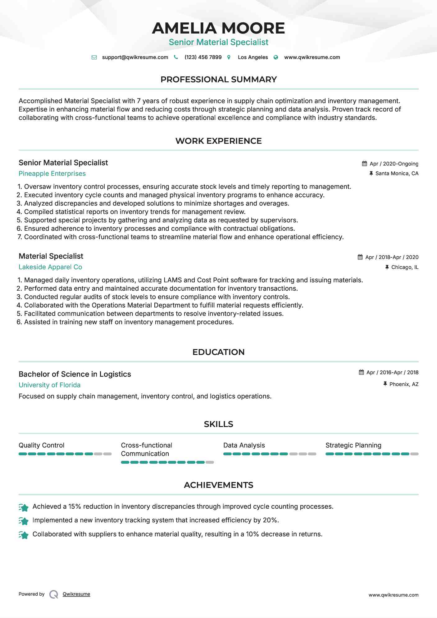 Senior Material Specialist Resume Template